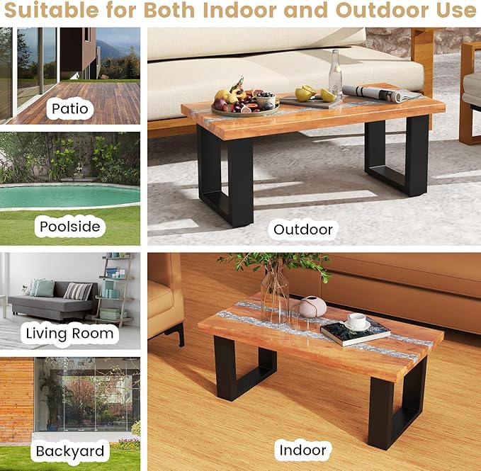 Giantex Teak Outdoor Coffee Table, Rectangular Resin Side Table with River Feel Epoxy Tabletop, Indoor Outdoor Solid Wood Center Table, Patio Table for Living Room, Poolside, Backyard