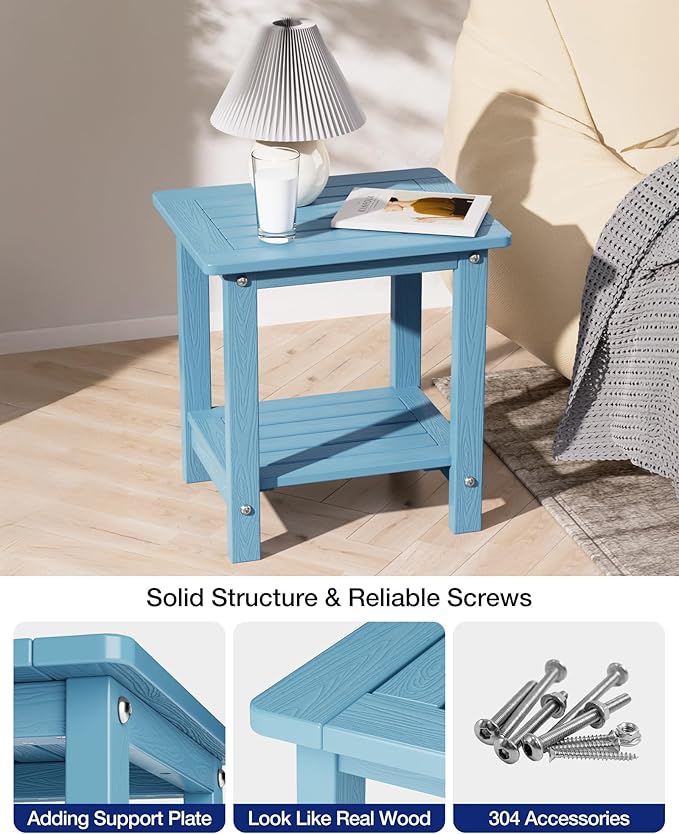 YEFU Outdoor Side Table for Patio: 16" HIPS Weather - Resistant Adirondack Tables - Waterproof Small Square End Tables for Backyard Pool Porch Balcony - Indoor Outdoor Double Layer Table Blue