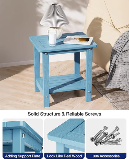 YEFU Outdoor Side Table for Patio: 16" HIPS Weather - Resistant Adirondack Tables - Waterproof Small Square End Tables for Backyard Pool Porch Balcony - Indoor Outdoor Double Layer Table Blue