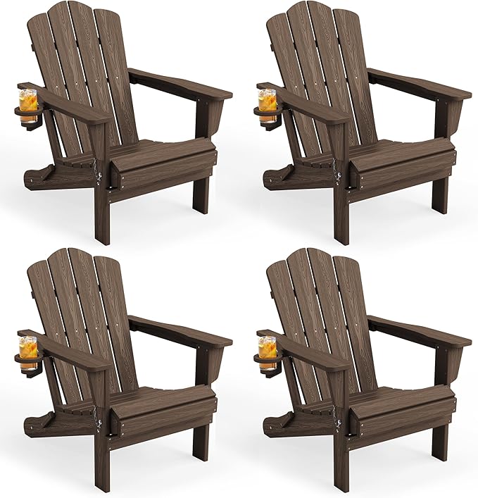 KINGYES Folding Adirondack Chair Set of 4, HDPE All-Weather Patio Chairs with Cup Holder, Wooden Textured Fire Pit Chairs for Poolside, Backyard, Deck, Coffee
