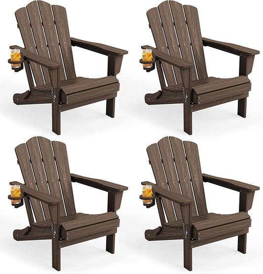 KINGYES Folding Adirondack Chair Set of 4, HDPE All-Weather Patio Chairs with Cup Holder, Wooden Textured Fire Pit Chairs for Poolside, Backyard, Deck, Coffee