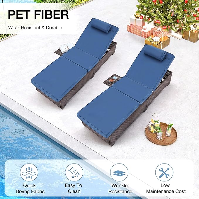 HOMREST PE Wicker Chaise Lounge Chairs Set of 2,Adjustable 5 Position Outside Rattanr Patio Pool Chair with Headrest,Cushion and Storage Rack for Poolside Backyard Porch, (Blue)