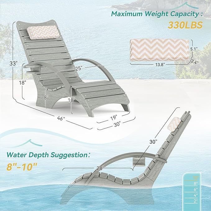 Pool Lounge Chairs Set of 2, Shallow Water 8-10 Inches Deep, HDPS Fade Resistant Pool Tanning Chair with Armrest, Cup Holder, Headrest, 330lbs Capacity, Outdoor Beach Deck Sun Lounger, Gray
