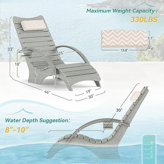 Pool Lounge Chairs Set of 2, Shallow Water 8-10 Inches Deep, HDPS Fade Resistant Pool Tanning Chair with Armrest, Cup Holder, Headrest, 330lbs Capacity, Outdoor Beach Deck Sun Lounger, Gray