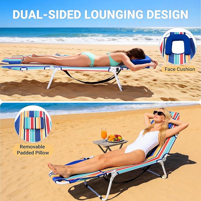 DoCred Heavy Duty Tanning Chair with Face Hole, Adjustable 5-Position Folding Chaise Lounge Chairs for Outside, Portable Lay Flat Beach Lounge Chair for Outdoor Sunbathing Beach Pool Lawn Camping