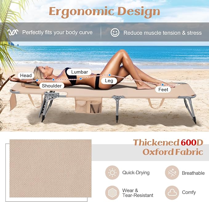 GYMAX Tanning Chair, Folding Lounger with Face/Arm Holes, Carry Handles & Side Pocket - Photo 5