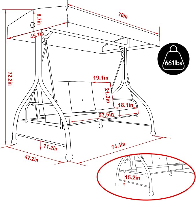 MUPATER 2-in-1 Patio Porch Swing Chair, 3-Seat Outdoor Canopy Swing Glider with Stand and Cushions for Backyard, Deck and Poolside, Wine Red