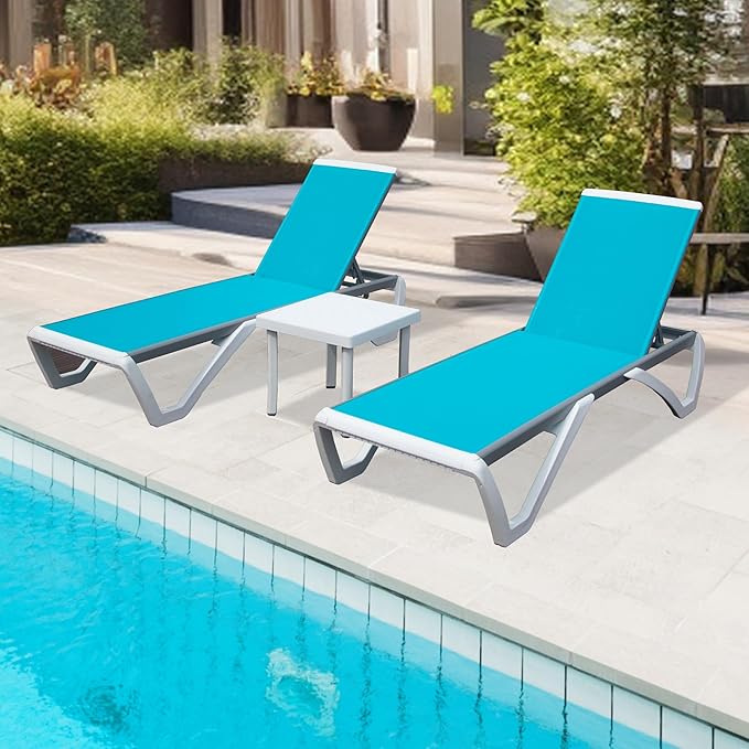 Domi Outdoor Lounge Chair Set of 3, Aluminum Patio Chaise Lounge with 5 Position Adjustable Backrest and Wheels, All Weather Reclining Chair for Patio, Yard, Balcony, Poolside (Lake Blue)