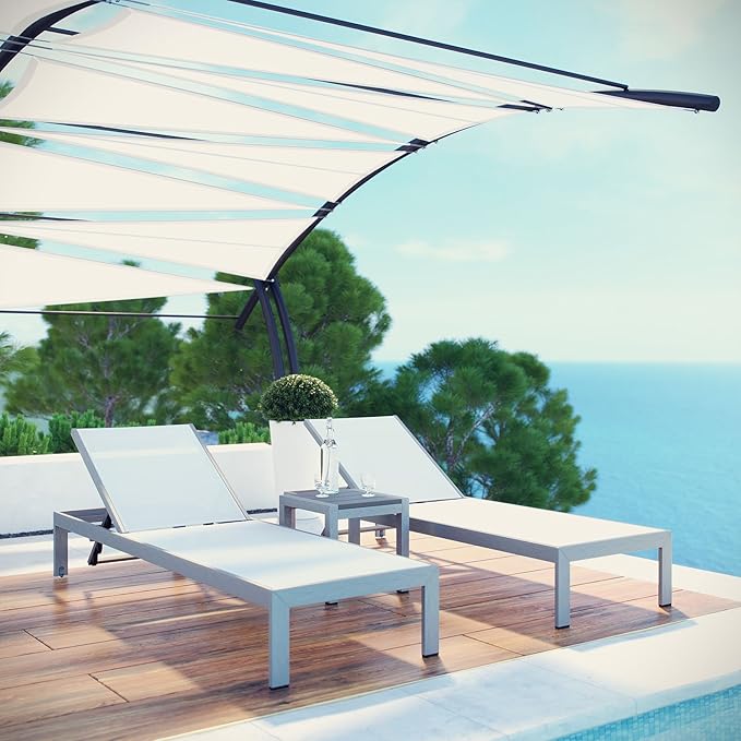 Modway Shore Aluminum Textilene® Mesh Outdoor Patio 3-Piece Poolside Chaise Lounge Chair and Side End Table Set in Silver White