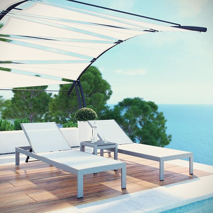 Modway Shore Aluminum Textilene® Mesh Outdoor Patio 3-Piece Poolside Chaise Lounge Chair and Side End Table Set in Silver White