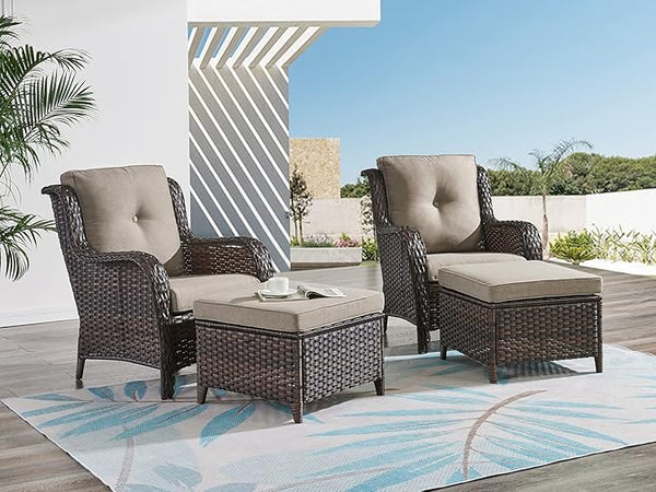 HUMMUH 4 Pieces Patio Bistro Set Wicker Patio Chairs Set of 2 with Ottomans Rattan Outdoor Furniture Conversation Set - Photo 1