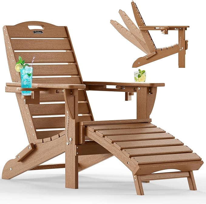 Ciokea Folding Adirondack Chair with Retractable Ottoman Fire Pit Patio Chair with Pull Out Foot Rest Weather Resistant - Photo 1