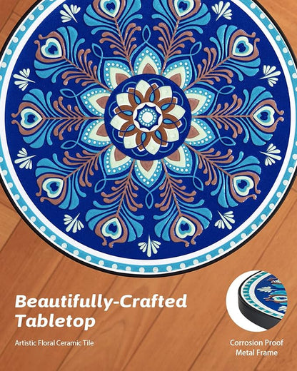 VONLUCE Outdoor Side Table and Mosaic Plant Stand, 21" Round End Table with 14" Ceramic Tile Top for Patio Porch Decor, Indoor & Outdoor Accent Table, Small Coffee Table for Home and Garden, Peacock