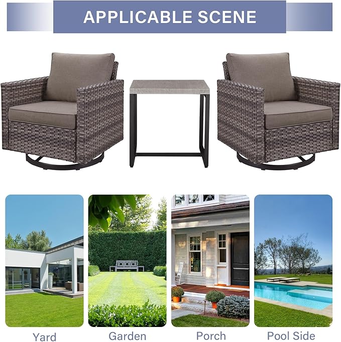 Outdoor Patio Swivel Rocker Chairs - 3 Piece Wicker Patio Furniture Bistro Swivel Rocking Chairs Set with Comfortable - Photo 7