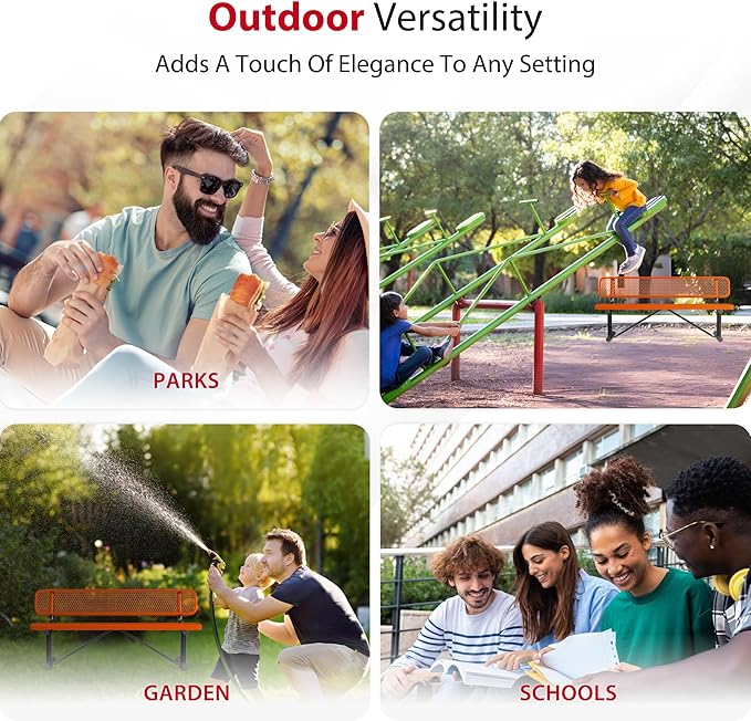 Leisure Craft Metal Outdoor Bench with Back - 6 Foot Heavy Duty Bench Seating for Garden, Porch, Picnic, Park, Expanded Metal, Thermoplastic Coating, Commercial Grade Furniture Made in USA - Orange
