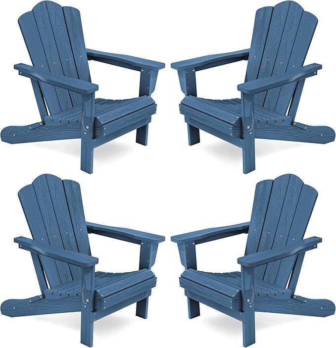 KINGYES Folding Adirondack Chair Set of 4, HDPE All-Weather Adirondack Chair, Navy