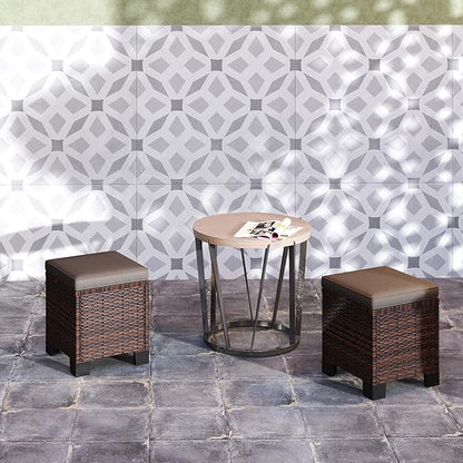 Outsunny 2 Pieces Outdoor Patio Ottomans, All Weather Wicker Outdoor Footstools with Removable Cushions, 3-in-1 PE Rattan Ottoman Seat, Footrest and Side Table for Backyard, Poolside, Gray