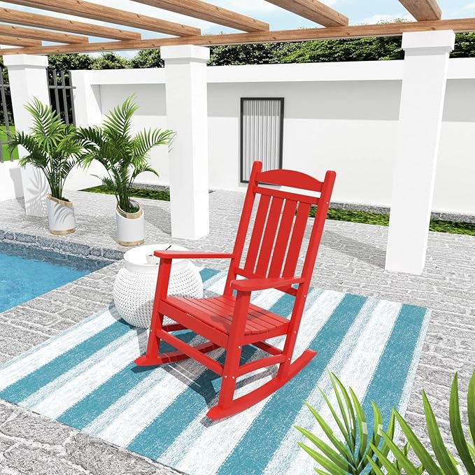 WO Home Furniture Patio Rocking Chair Farmhouse Outdoor HDPE UV Weather Resistant (Red)