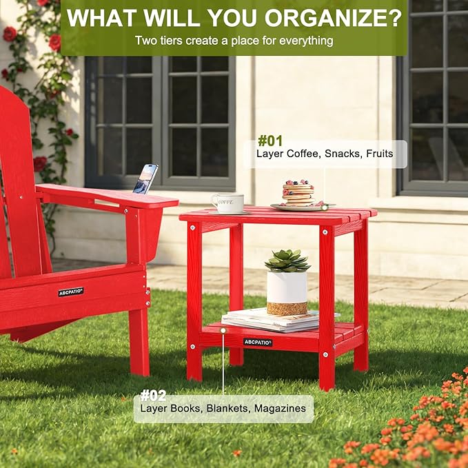 Outdoor Side Table HDPE Small Outdoor End Table Patio Side Tables Square for Backyard Pool Porch Balcony Double Layer Storage, Red (Wood Grain Finish)