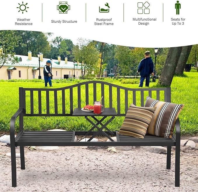 HAPPYGRILL Outdoor Garden Bench Metal Patio Loveseat Benches with Pullout Table for Yard Lawn Porch