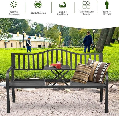HAPPYGRILL Outdoor Garden Bench Metal Patio Loveseat Benches with Pullout Table for Yard Lawn Porch