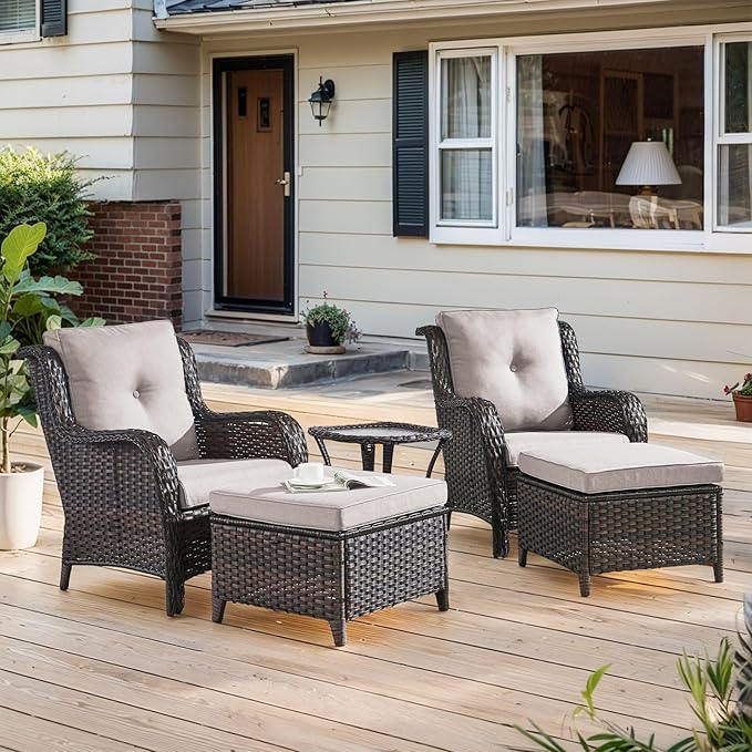Belord Outdoor Wicker Furniture 5 Pieces Patio Furniture Set Patio Chairs with Ottomans and Side Table Conversation Set - Photo 1