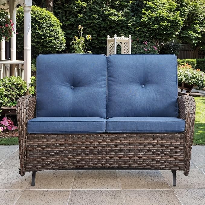 Patio Loveseat Wicker Loveseat Rattan Glider Sofa with Curved Armrest Thicking Back & Seat Cushions for Garden Balcony Backyard Brown Wicker|Blue Cushions (B) Patio Loveseat Glider
