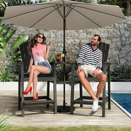 2-Pack High Back Adirondack Bar Stools with Connecting Tray, All-Weather HDPE Recycled Plastic Outdoor Bar Chairs, Umbrella Hole, Built-in Footrest, 350lbs Capacity for Deck/Patio/Backyard, Black