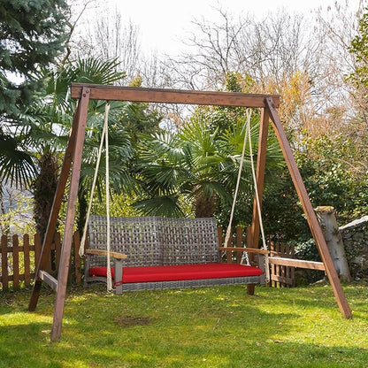 Tangkula 2-Person Outdoor Porch Swing with 118" Hanging Ropes, Patiojoy PE Wicker Patio Hanging Swing Bench with Soft Seat Cushion & 800 Lbs Weight Capacity, Suitable for Patio, Garden (Red)