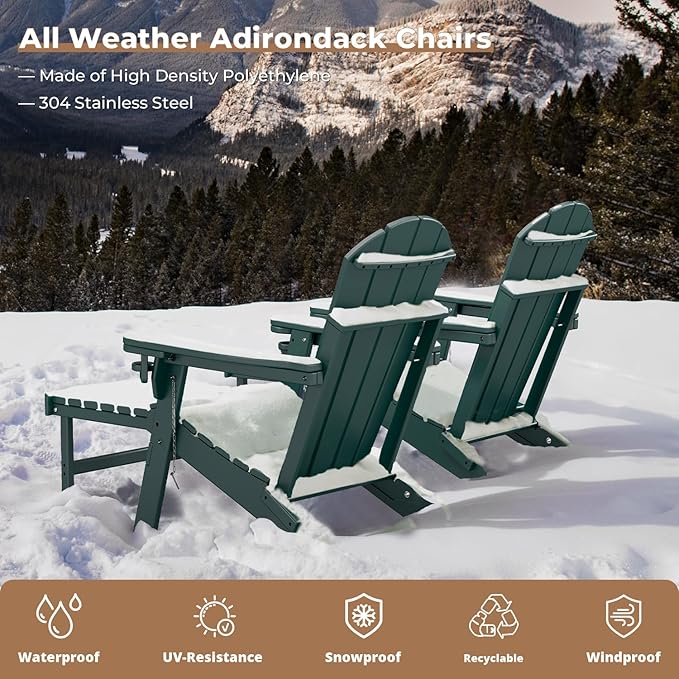 BRIOPAWS Adirondack-Chair-with-Pull-Out-Footrest | Folding | HDPE Plastic | Fire Pit Chairs | All Weather | Cup Holders | Curved Back | Retractable Ottoman | for Outdoor Deck Poolside | Forest