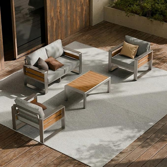 ZANDOR Outdoor Patio Conversation Sets, 4-Piece Aluminum Metal Outside Sectional Lawn Furniture with Coffee Table & Washable Thick Cushions,Seating Sofa for Garden/Backyard/Porch, Silver