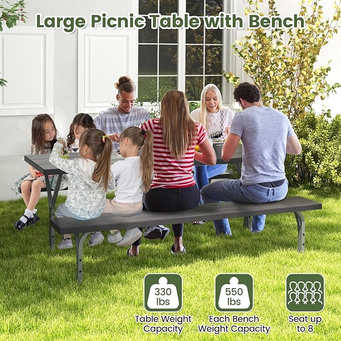 Giantex 6FT Picnic Table Bench Set Outdoor Camping All Weather Metal Base Wood-Like Texture Backyard Poolside Dining Party Garden Patio Lawn Deck Furniture Large Camping Picnic Tables for Adult, Black