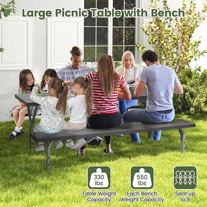 Giantex 6FT Picnic Table Bench Set Outdoor Camping All Weather Metal Base Wood-Like Texture Backyard Poolside Dining Party Garden Patio Lawn Deck Furniture Large Camping Picnic Tables for Adult, Black