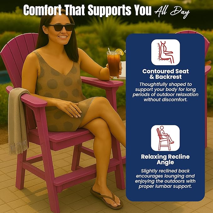 Phat Tommy Tall Adirondack Chair - HDPE Outdoor Furniture - Poly Adirondack Bar Stool - Heavy, Stress Free Furniture for Balcony, Deck, Patio, Front Porch, Dark Red