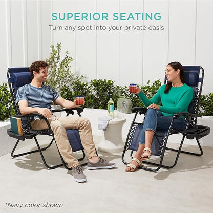 Best Choice Products Set of 2 Adjustable Steel Mesh Zero Gravity Lounge Chair Recliners w/Pillows and Cup Holder Trays - Stardew