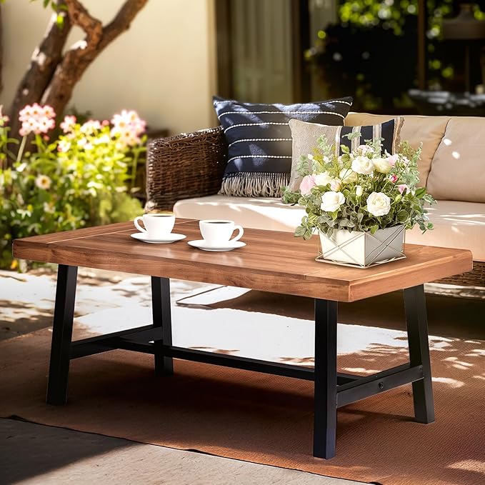VINGLI Outdoor Wooden Coffee Table, Metal Frame Heavy Duty Patio Coffee Table for Outside, All Weather Solid Wood Low Outdoor Table for Balcony Porch and Deck, Rectangle