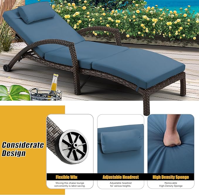 HOMREST Chaise Lounge Chairs Set of 6, PE Rattan Wicker Patio Lounge Chair with Adjustable 5 Position, Arm and Wheels for Poolside Backyard Deck Porch,Dark Blue