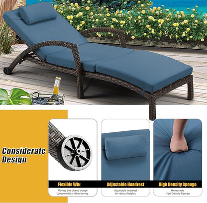 HOMREST Chaise Lounge Chairs Set of 6, PE Rattan Wicker Patio Lounge Chair with Adjustable 5 Position, Arm and Wheels for Poolside Backyard Deck Porch,Dark Blue