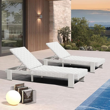 PURPLE LEAF Patio Lounge Chair Modern Luxury Outdoor Chaise Lounge 2 Pieces with Adjustable Backrest PU Leather Style Chaise Lounge Chairs for Pool Garden Backyard Beach, White