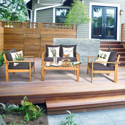 COSTWAY 4 Pieces Outdoor Acacia Wood Sofa Set, Outdoor Conversation Sofa Set with Table & Cushions Porch Chairs for Garden, Patio, Deck