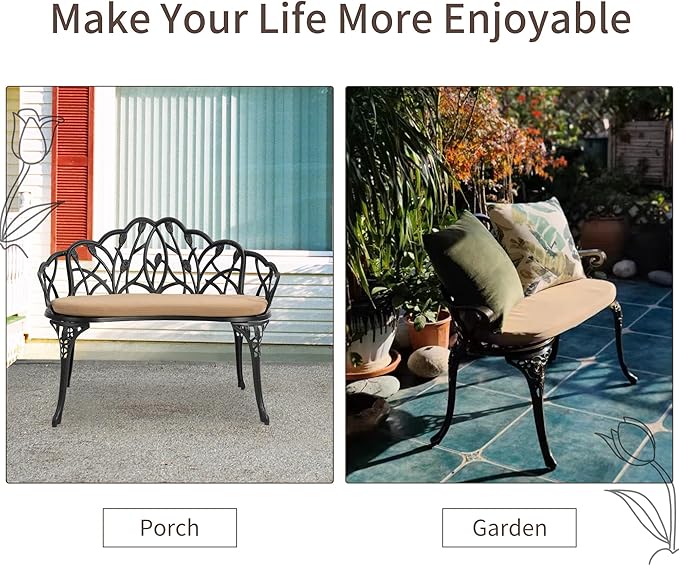 HOMEFUN Outdoor Patio Bench, Garden Benches with Cushion All-Weather Cast Aluminum Extra Loveseat for Lawn Front Porch Path Yard Decor Deck Furniture Black