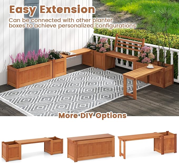 2 Pieces Outdoor Planter Box with Bench, Teak Oil Finish Wood Seat with 2 Open-Ended Base Garden Beds & Backrest, Decorative Plant Container for Yard, Balcony & Porch