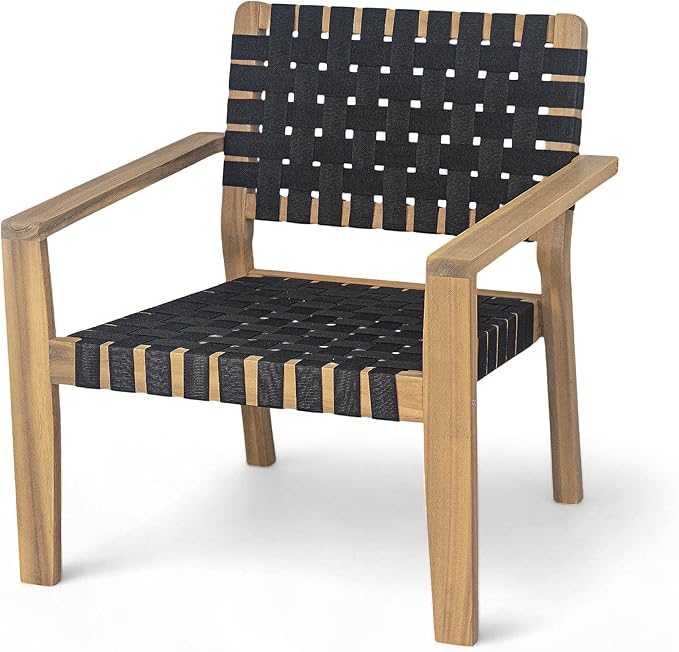 Christopher Knight Home Set of 2 Lena Patio Furniture Acacia Wood Armchair, Woven Rope Outdoor Club Chair, Deep Seating Porch Chairs for Garden, Backyard/Balcony, Light Teak Finish & Black