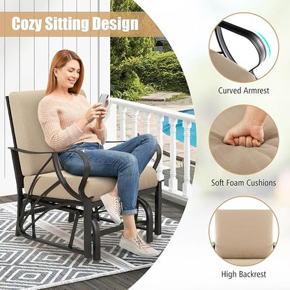 Giantex 2-Pack Outdoor Glider, Patio Rocking Chair with Thick Cushion, Sturdy Metal Frame, Curved Armrest, Ergonomic Design, Single-Person Glider Chair for Garden, Yard, Porch Rocker, Beige
