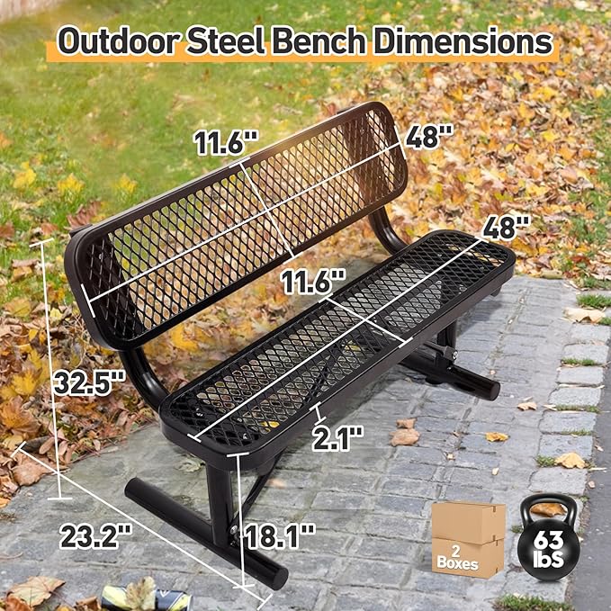 Ceridwen Outdoor Benches Heavy Duty Steel Frame Park Bench with Backrest Bench,Park Bench Steel Mesh Outdoor Bench for Garden,Weatherproof Outdoor Bench for Garden (Black, 4FT)