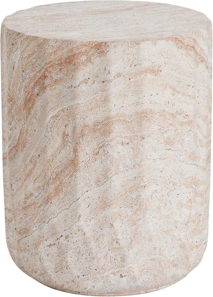 Outdoor Side Table Faux Marble End Table Faux Stone Side Tables Travertine Small Coffee Tables for Indoor Outdoor, Garden Stool Plant Stand for Porch, Backyard Patio, Barrel