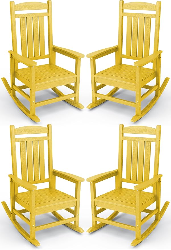 KINGYES HDPE Outdoor Rocking Chair Set of 4, All-Weather Poly Patio Rocking Chairs with 330lbs Support for Adults, Yellow