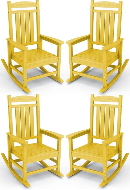 KINGYES HDPE Outdoor Rocking Chair Set of 4, All-Weather Poly Patio Rocking Chairs with 330lbs Support for Adults, Yellow