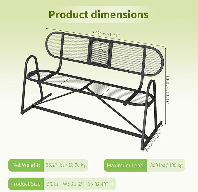 Outdoor Bench, Metal Mesh Garden Bench with Foldable Middle Table, 55" Weather Resistant Patio Park for 2-3 People, Decorative Porch Chair for Yard, Deck, and Lawn, Black