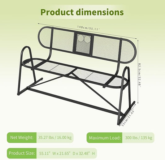 Outdoor Bench, Metal Mesh Garden Bench with Foldable Middle Table, 55" Weather Resistant Patio Park for 2-3 People, Decorative Porch Chair for Yard, Deck, and Lawn, Black
